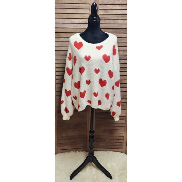 Fuzzy Heart Dropped Shoulder XL Sweatshirt Super Soft Long-Sleeve White & Red - Picture 5 of 7